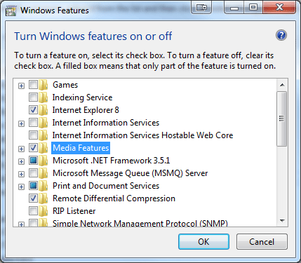 Windows 7 Turn Features On or Off